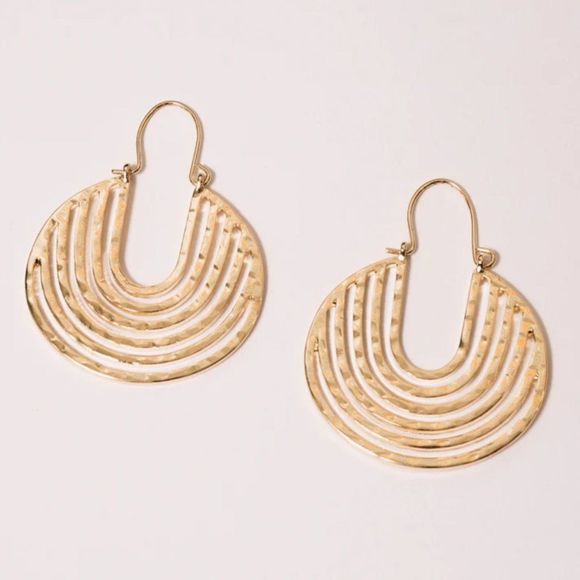 Retro Gold Hammered Crescent Hoop Earrings - Picture 6 of 13